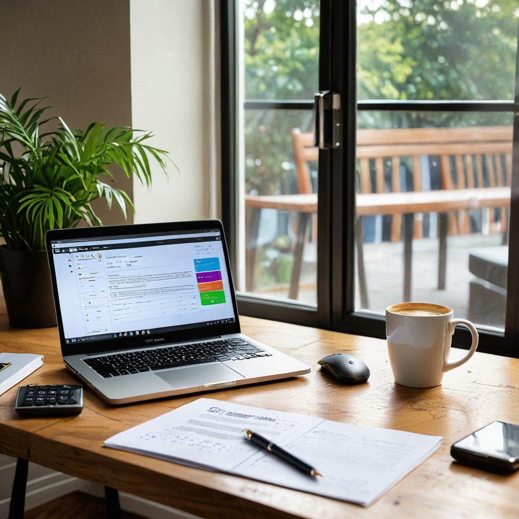 A modern laptop open on a desk displaying a friendly insurance website with colorful quotes and coverage options. Surrounding the laptop are essential items like a calculator, a notepad with writing, and a coffee mug. Bright sunlight filters through a window, creating a warm and inviting atmosphere. A person is seen happily making notes while reviewing information on the screen. super-realistic. vibrant colors. cozy workspace.